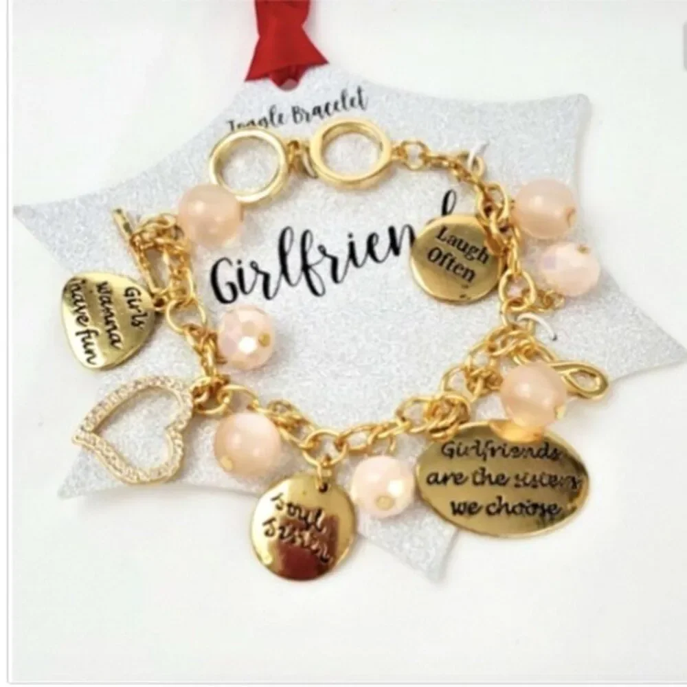 Girlfriend Toggle charm Bracelet Friends Gold faux pearls heart gold blush *